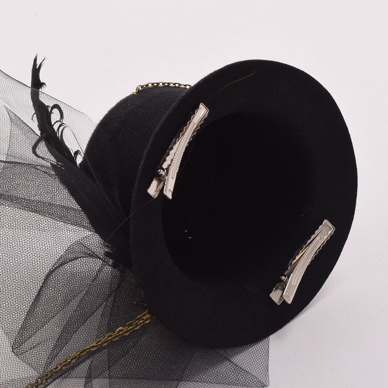 BLESSUME Mini Top Hat Party Hat Dancing Cocktail Feather Veil Hair Clip (Black 1) - Image 4